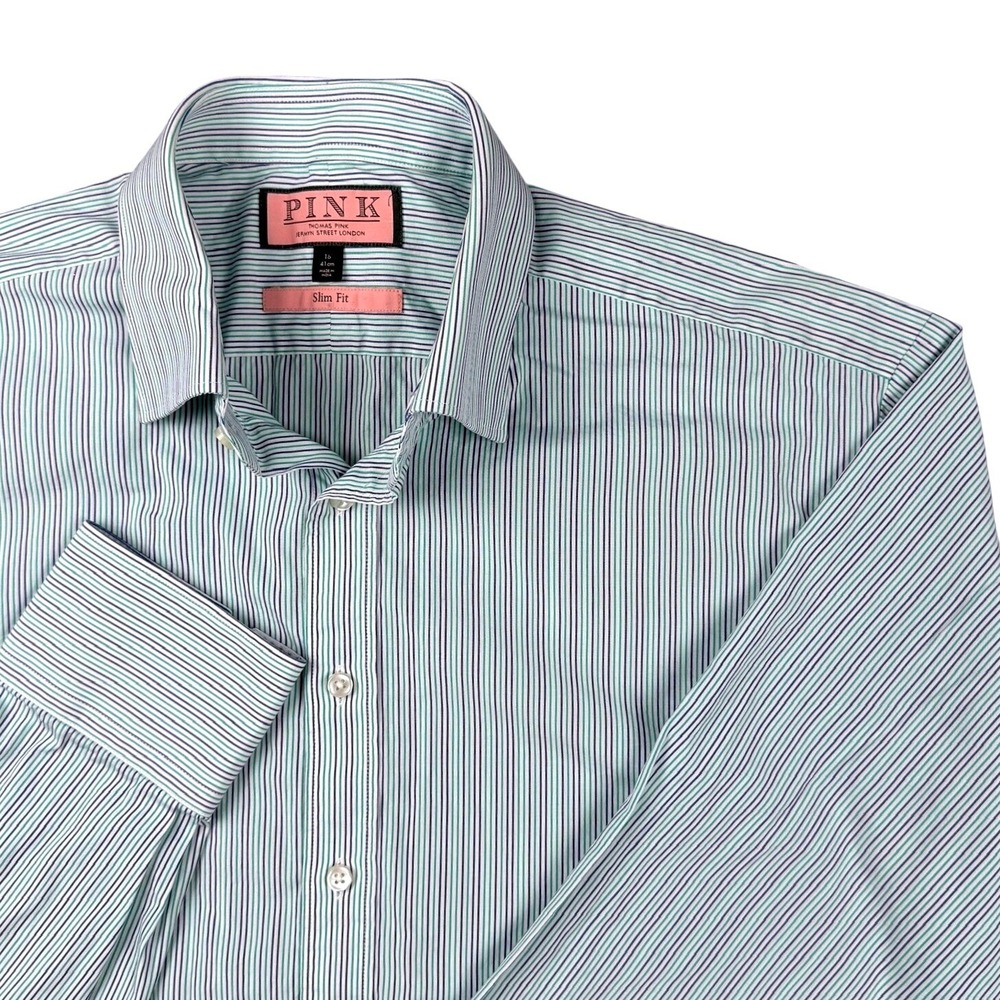 Thomas Pink Slim Fit Striped Button Down Shirt Mens 16 41cm Green Purple White